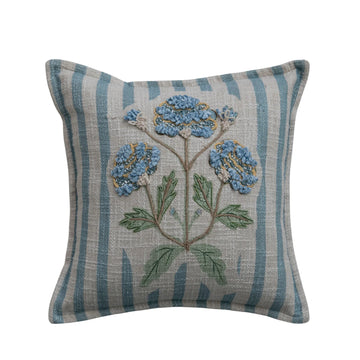 14" Square Cotton Printed Striped Pillow with Hand-Embroidery