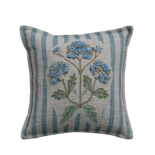 14" Square Cotton Printed Striped Pillow with Hand-Embroidery