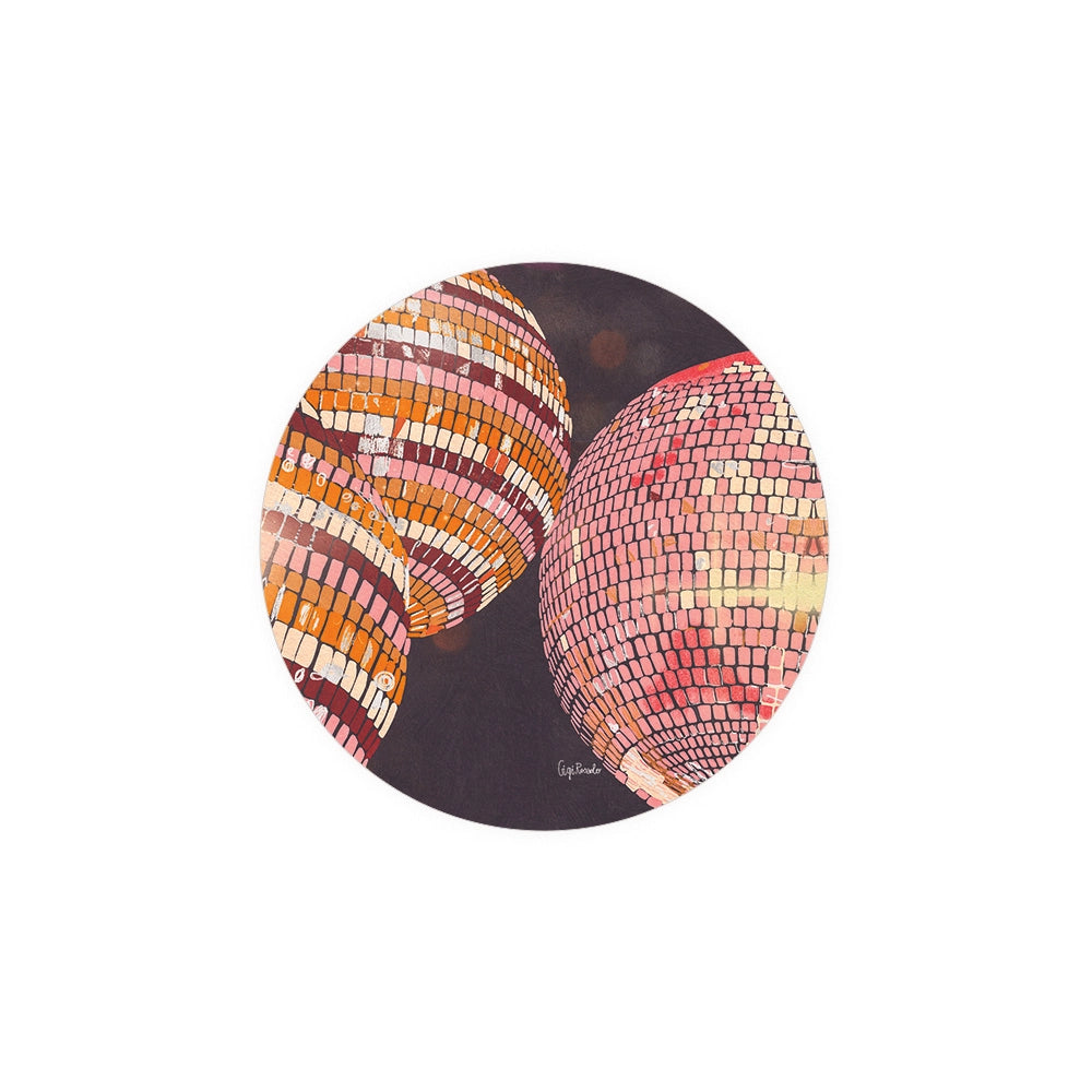 Seedlings Coasters with discoballs by Gigi Borrello, on a dark background.