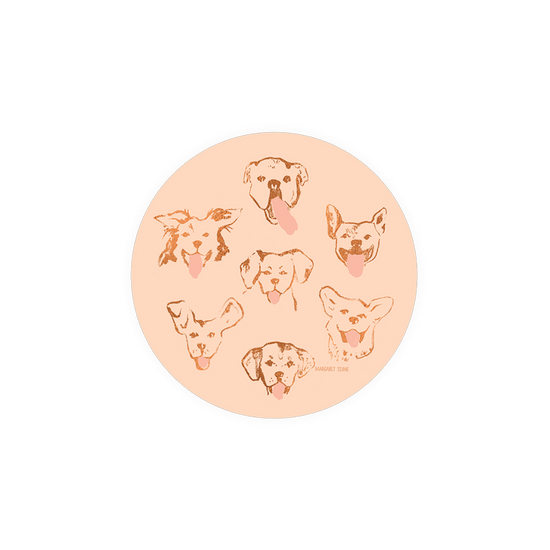 Dog illustration coaster by Margaret Teane featuring multiple dog portraits in a circular arrangement.
