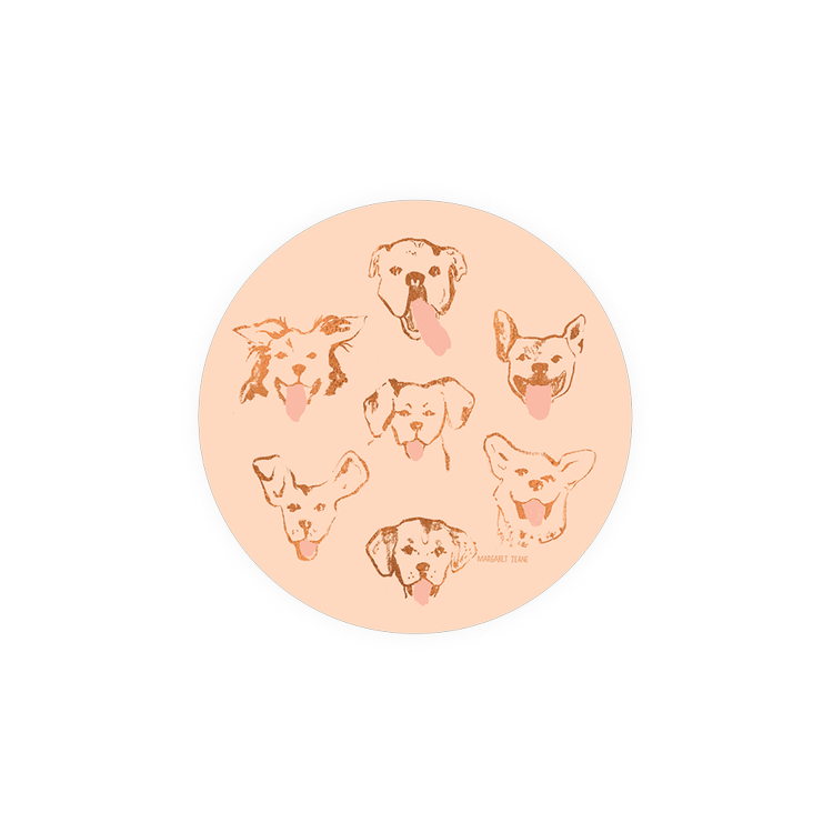 Dog illustration coaster by Margaret Teane featuring multiple dog portraits in a circular arrangement.
