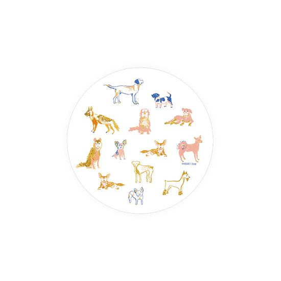 Round coasters with dog pattern by Margaret Jeane, featuring assorted breeds in gold and blue.