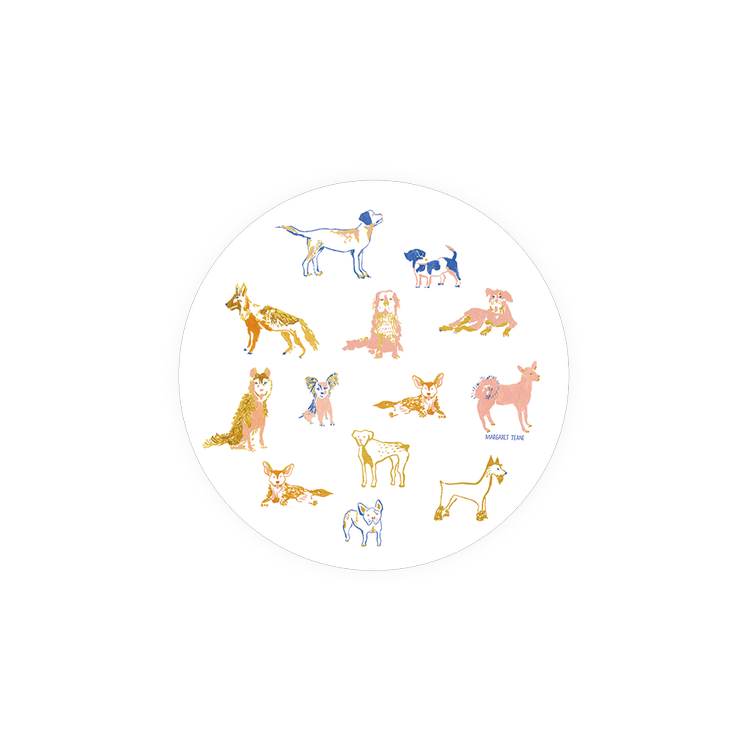 Round coasters with dog pattern by Margaret Jeane, featuring assorted breeds in gold and blue.
