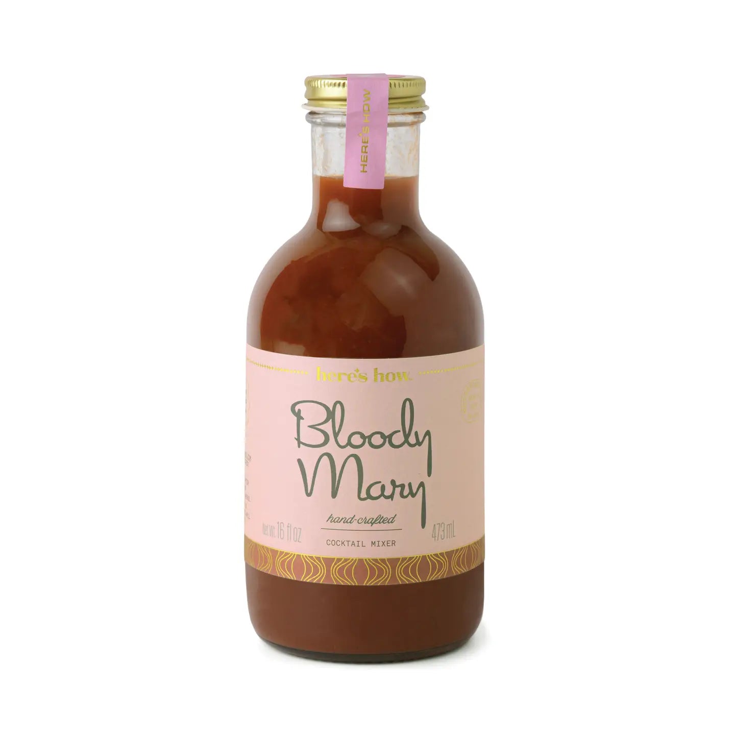 Bottle of Bloody Mary cocktail mixer from Here's How, with pink label and gold accents.