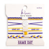 Purple and yellow hair tie bracelets by K'lani, arranged on a product card with "Game Day" messaging.
