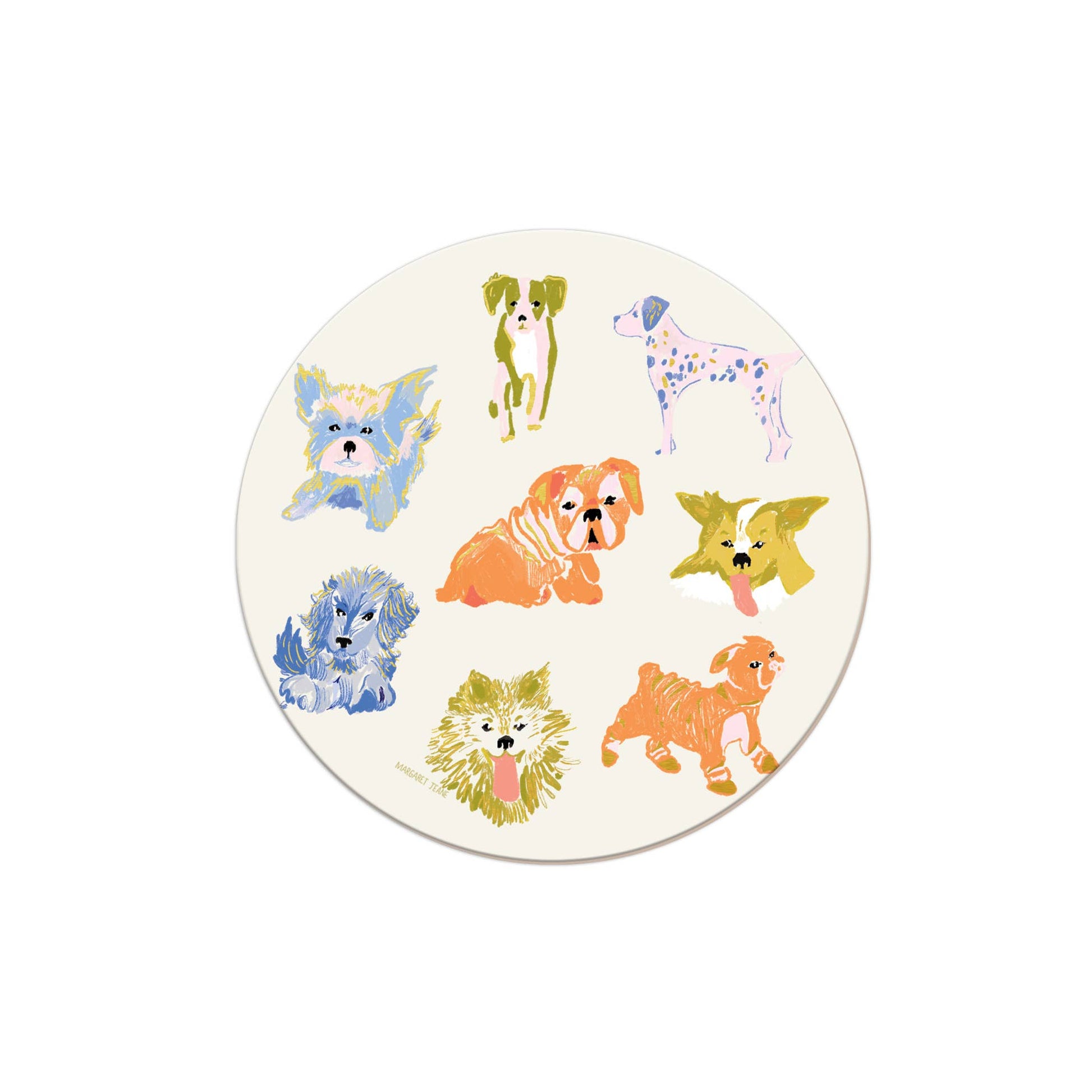 Set of novelty coasters with dog pattern by Margaret Jeane features multiple dog breeds.