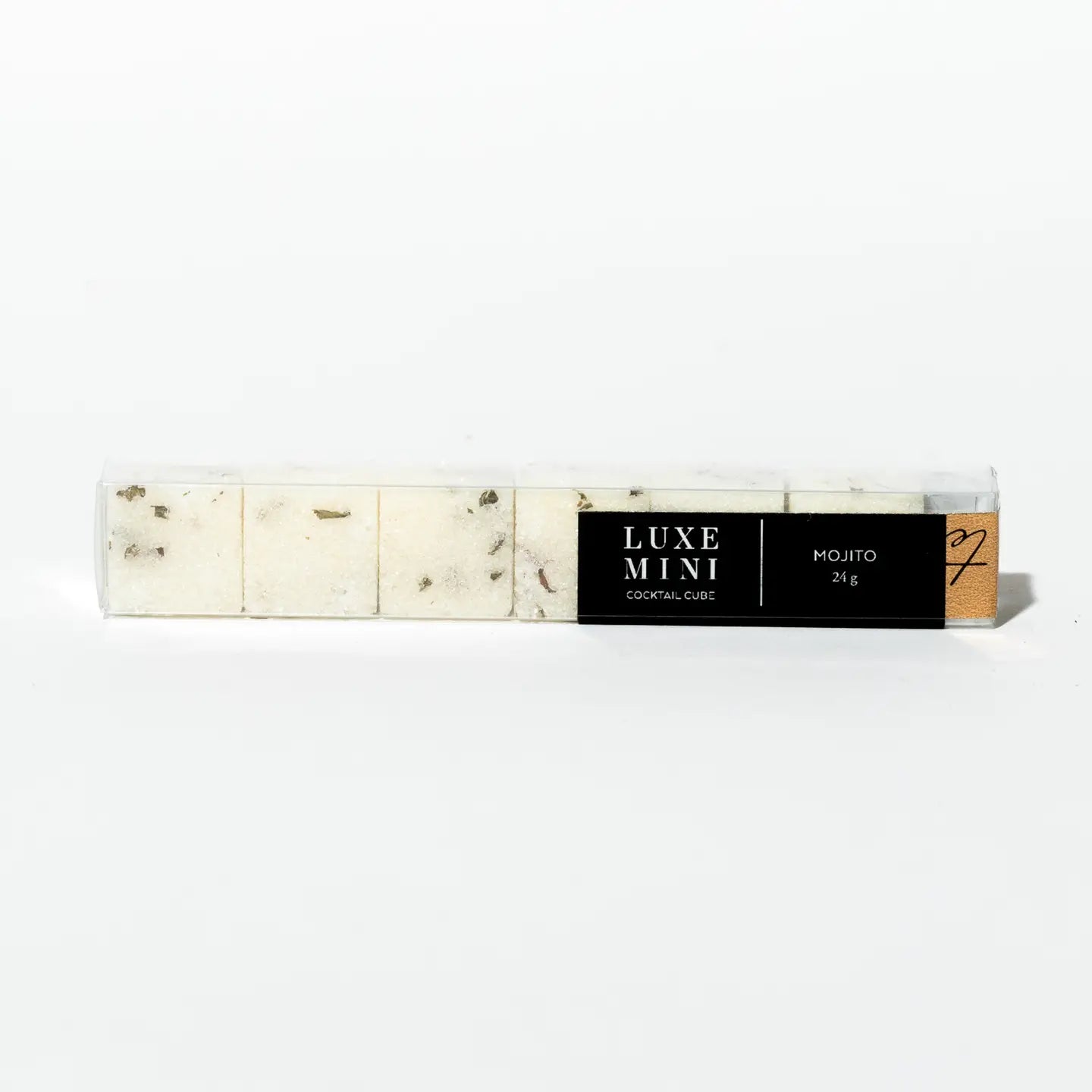 Mojito cocktail cubes by LUXE MINI in a clear plastic container with a black label and gold accents.