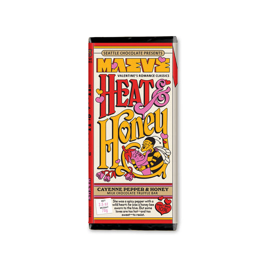 Heat & Honey milk chocolate truffle bar by Seattle Chocolate with cartoon heat & honey graphic.