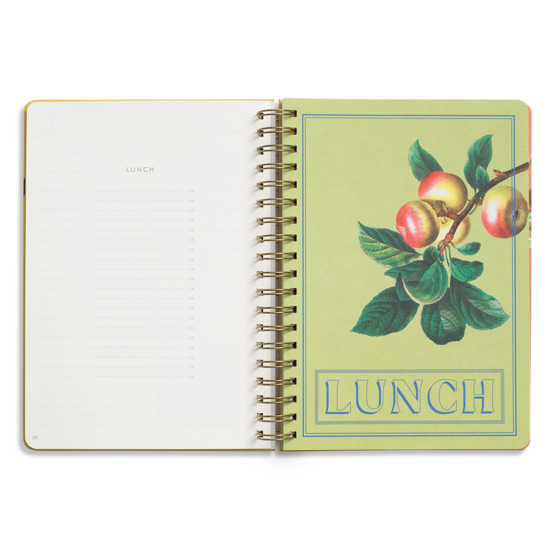 Hardcover B5 spiral guided recipe journal with hanging fruits design.