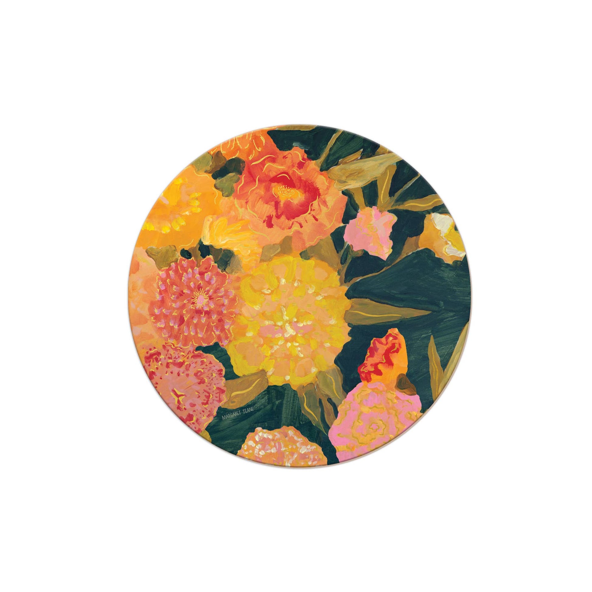 Round floral coaster with orange, yellow, and pink flowers on a dark green background.