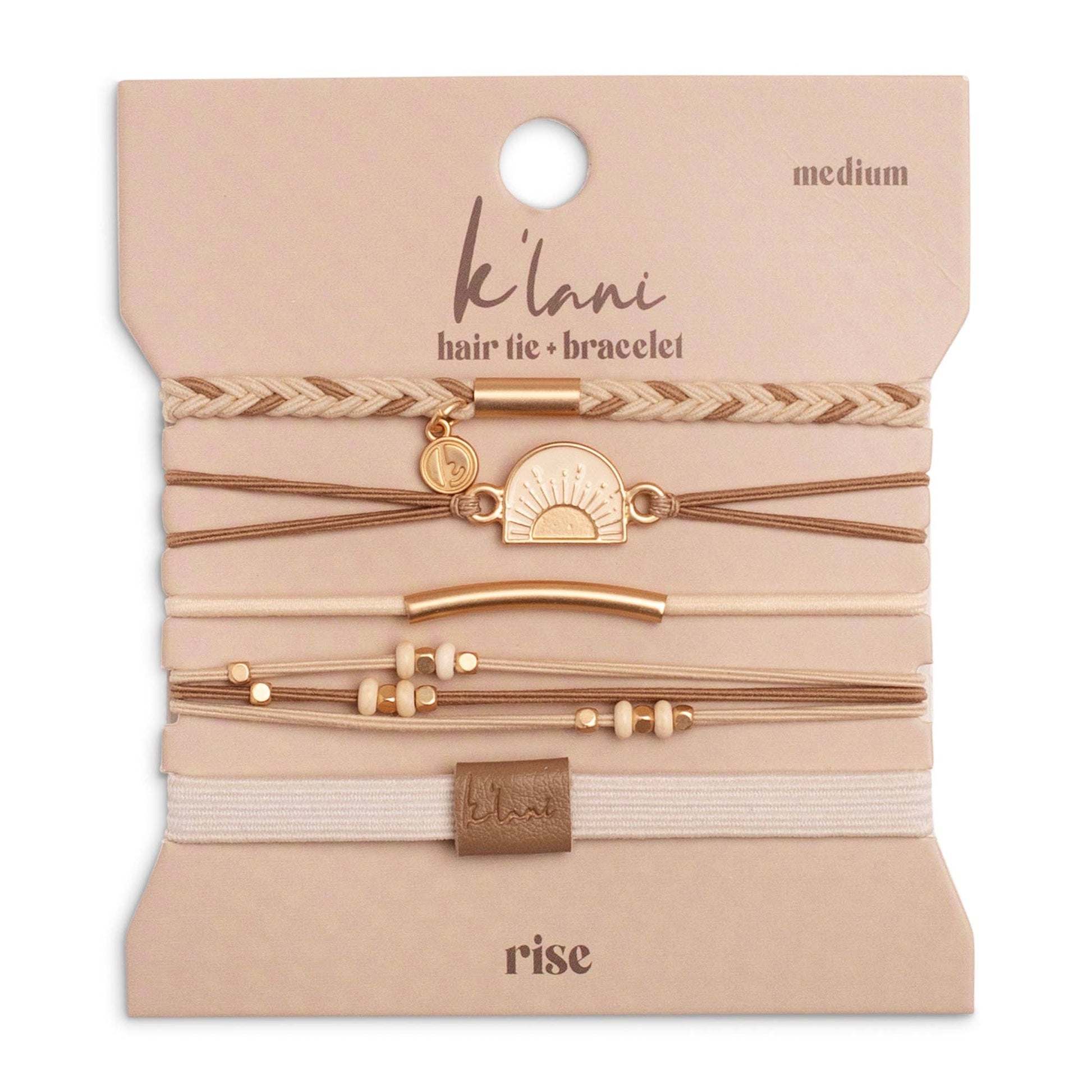 Gold sun hair tie bracelet set by K'Lani, featuring multiple elastic bands with decorative elements.