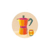 Round printed coaster with an image of a coffee maker and mug.