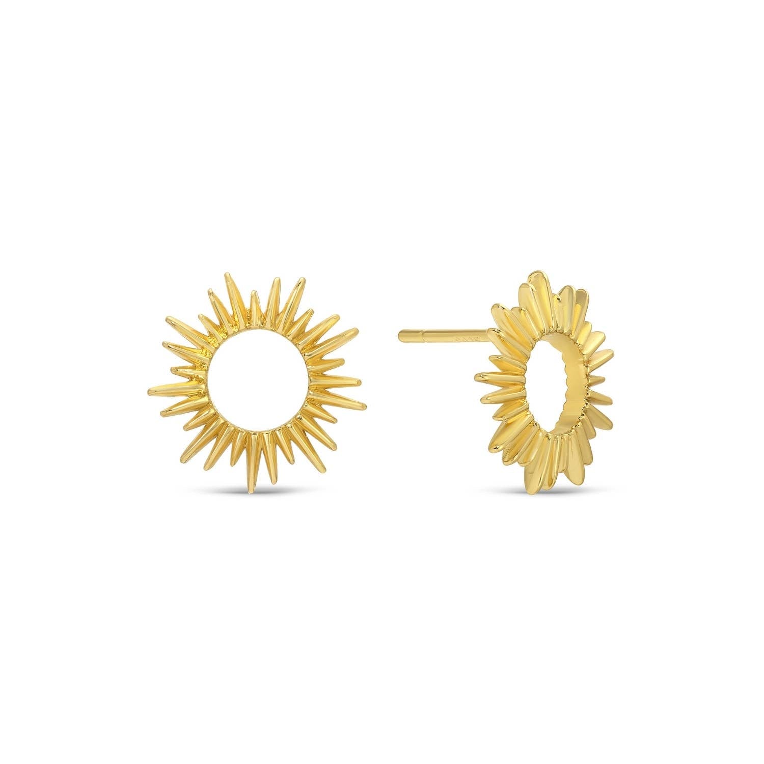 Gold sun stud earrings by Velvet Gift Tag with spiky rays emanating from a round center.
