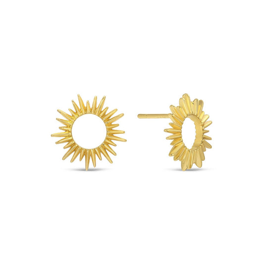 Gold sun stud earrings by Velvet Gift Tag with spiky rays emanating from a round center.
