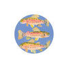 Round printed coaster by Margaret Steine showing three colorful trout swimming in a blue circle.