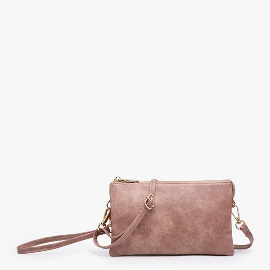 Dark rose crossbody wristlet from Riley Monogrammable, featuring gold-tone hardware and a textured finish.