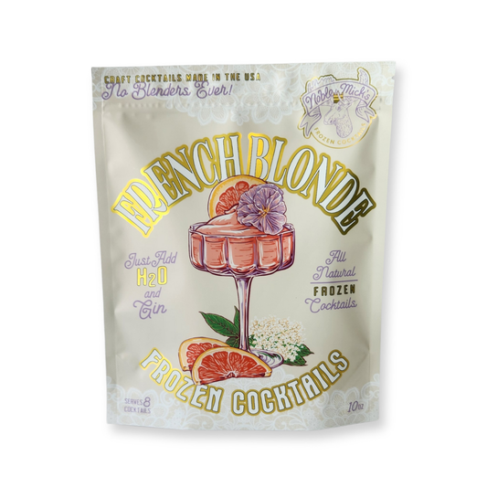 Packaged frozen cocktail mix by Noble Mick's with a "French Blonde" flavor and cocktail graphic.
