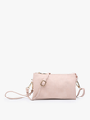 Light pink wristlet and crossbody by an unidentified brand, featuring gold-tone hardware, adjustable strap, and zip closure.
