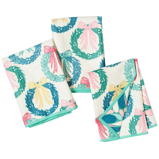 Mighty Mini Towel (Set of 3) Reversible - RJW Neighbors Wreath: Cream