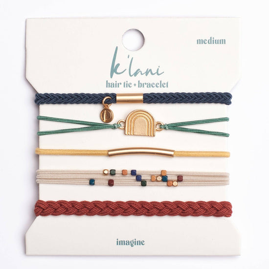 Set of five hair tie bracelets by K'lani, featuring woven and beaded designs in brown, tan, green, yellow and blue.
