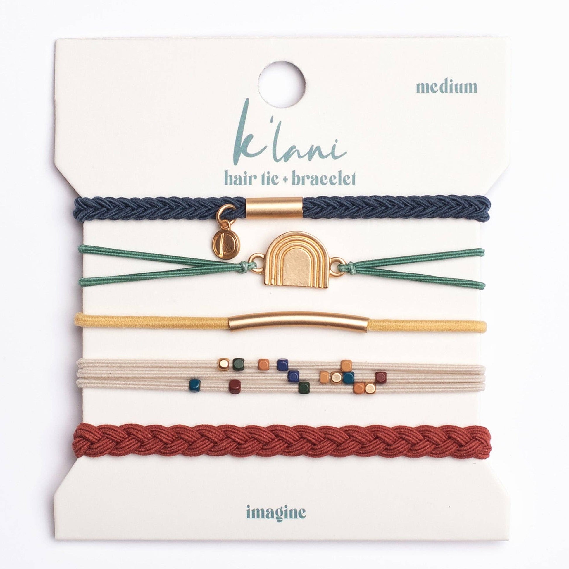 Set of five hair tie bracelets by K'lani, featuring woven and beaded designs in brown, tan, green, yellow and blue.