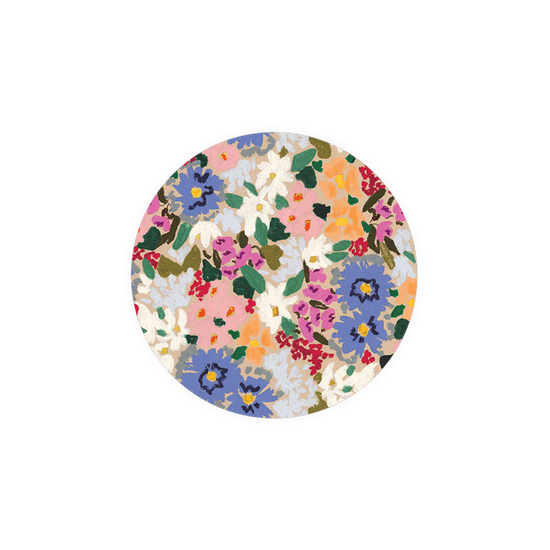 Round floral coasters with multicolored blooms and green foliage.