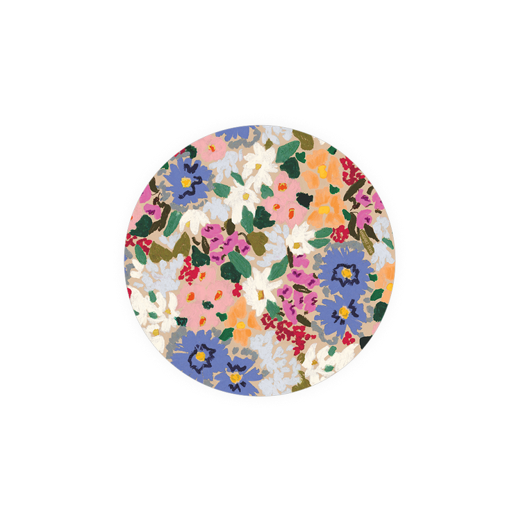 Round floral coasters with multicolored blooms and green foliage.