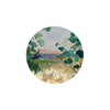 Decorative coasters of an abstract landscape scene by Margaret Feake, featuring green trees, white flowers, and a distant lake.
