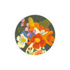 Round floral coasters with abstract flowers on a patterned vase.