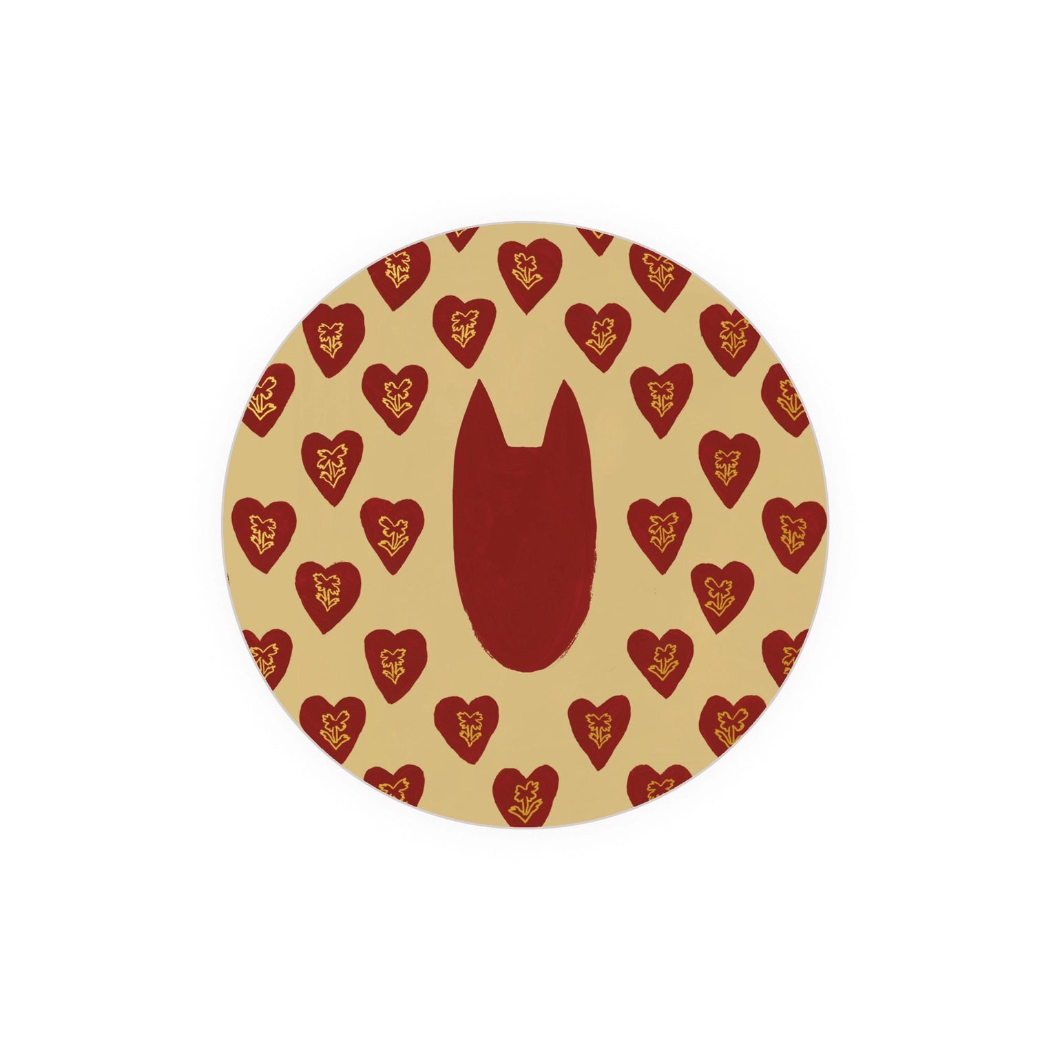 Round patterned coaster with red hearts by Seedlings, featuring gold floral designs.