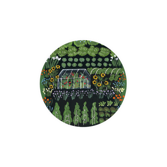 Garden scene printed coaster with vibrant colors.