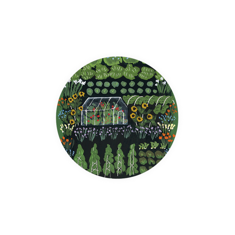 Garden scene printed coaster with vibrant colors.