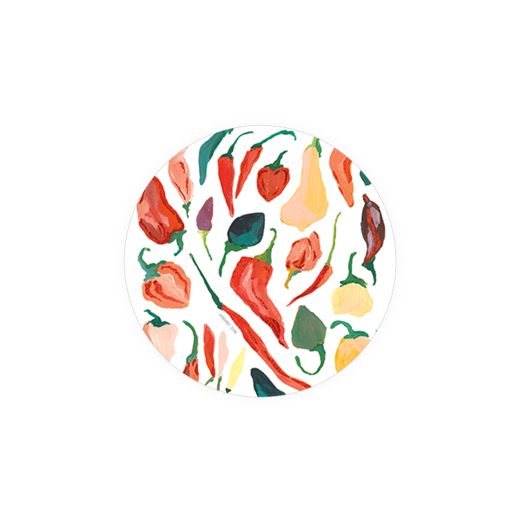 Set of circular coasters with chili pepper pattern by Margaret Schenk.