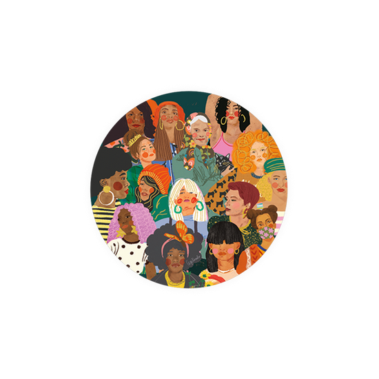Round printed coasters with portraits of diverse women.