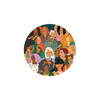 Round printed coasters with portraits of diverse women.