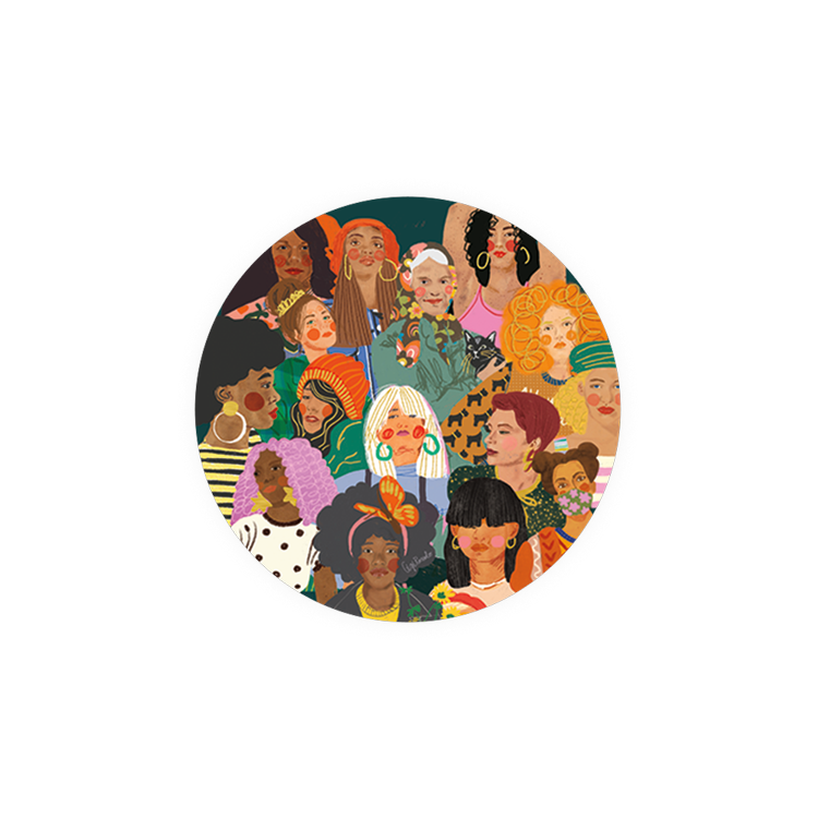 Round printed coasters with portraits of diverse women.