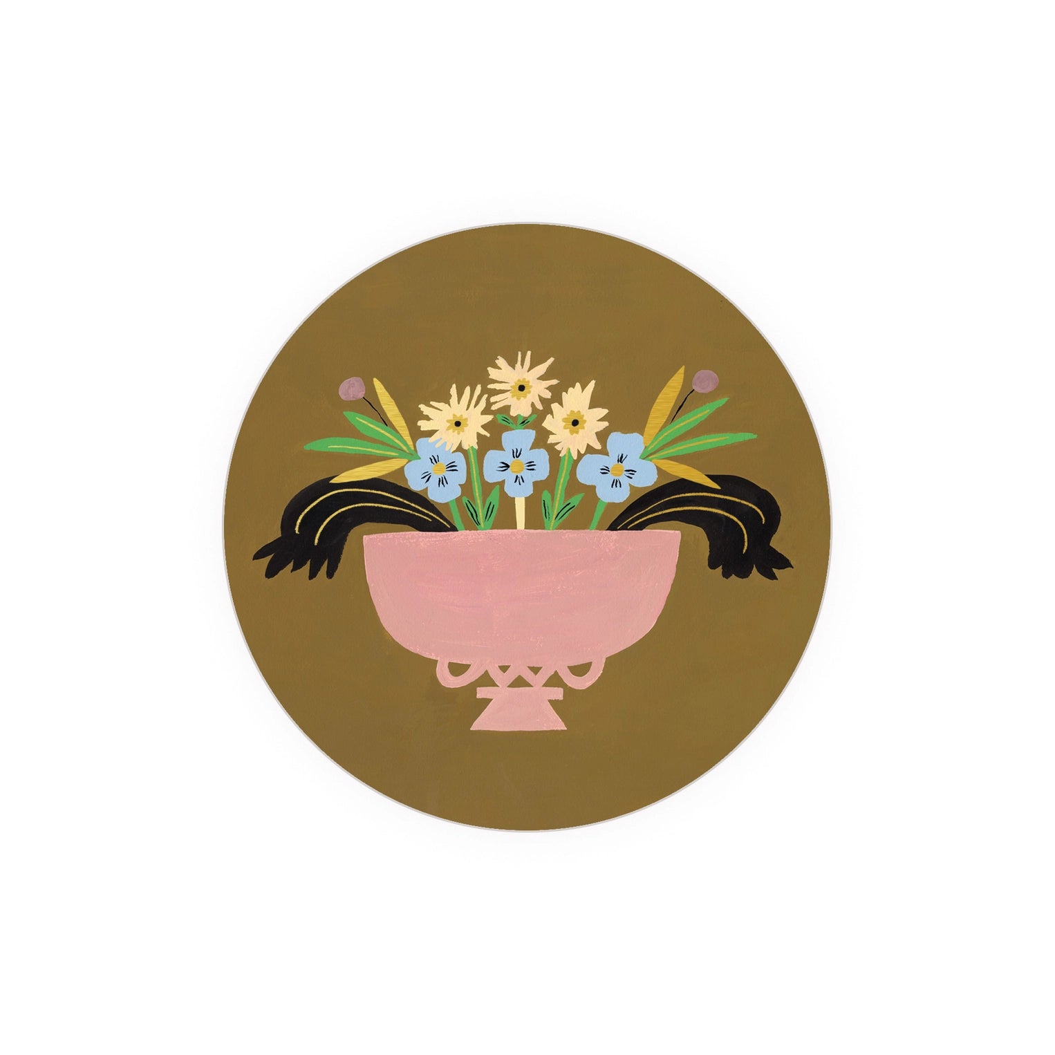 Floral printed Seedlings Coaster with pink vase and colorful blooms, set against an olive green background.