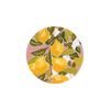 Circular decorative coaster with a painted lemon and floral design on a pink background.
