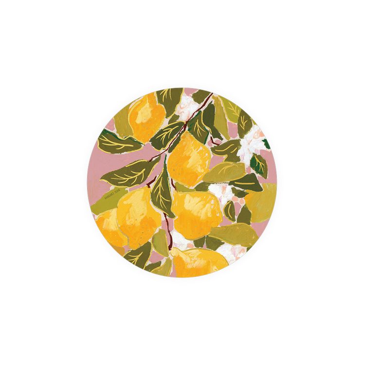 Circular decorative coaster with a painted lemon and floral design on a pink background.