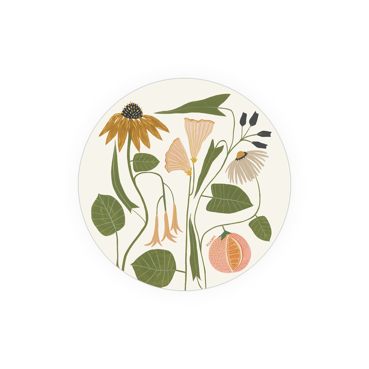 Botanical print coaster by Magnolia Home with orange, yellow, and white flowers.