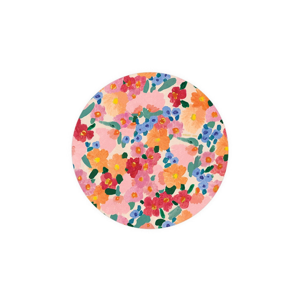 Floral coasters by Margaret Teaa with red, orange, blue and green blossom pattern.