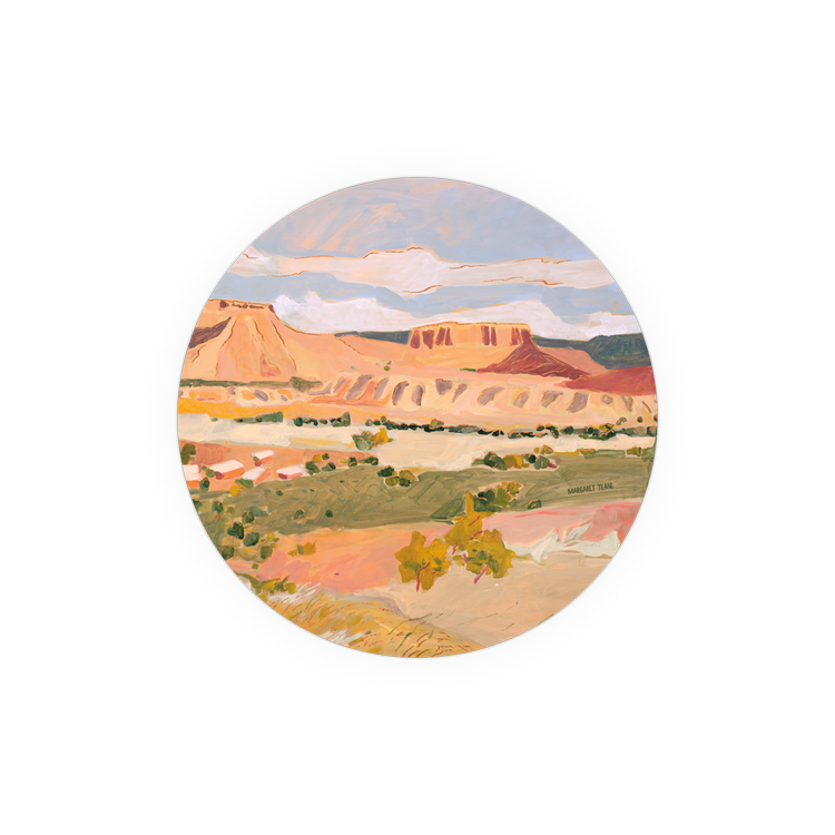 Landscape art coaster by Margaret Teare, featuring an array of desert tones and an oval shape.
