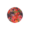 Floral patterned round coaster with red and purple blooms on a dark background.