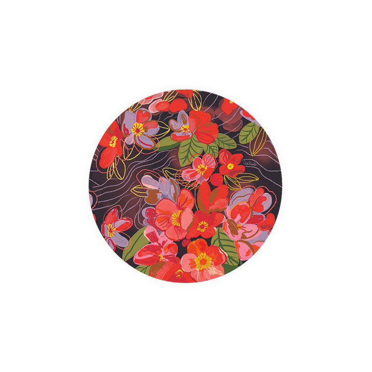 Floral patterned round coaster with red and purple blooms on a dark background.