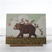 Stationery card showing a bear with rabbits riding on its back.
