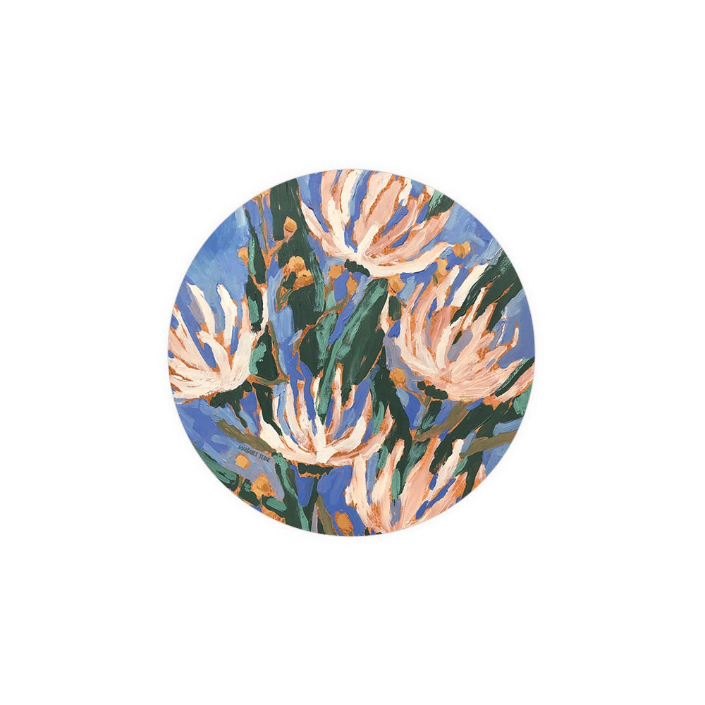 Floral pattern coaster by Margaret Jeune Jime with blue background and green stems.