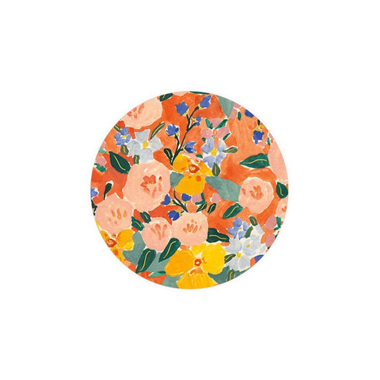 Floral pattern coaster by Seedlings with pink, yellow, and blue flowers on an orange background.