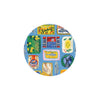 Round Seedlings Coasters with sardine can designs by Margaret Jeane, on a light blue background.