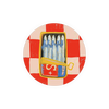 Round sardine coaster with a red and pink checkered pattern.