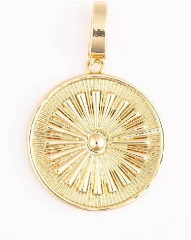 Gold coin charm from Sophie Coin Charms, featuring a radial pattern and a textured surface.